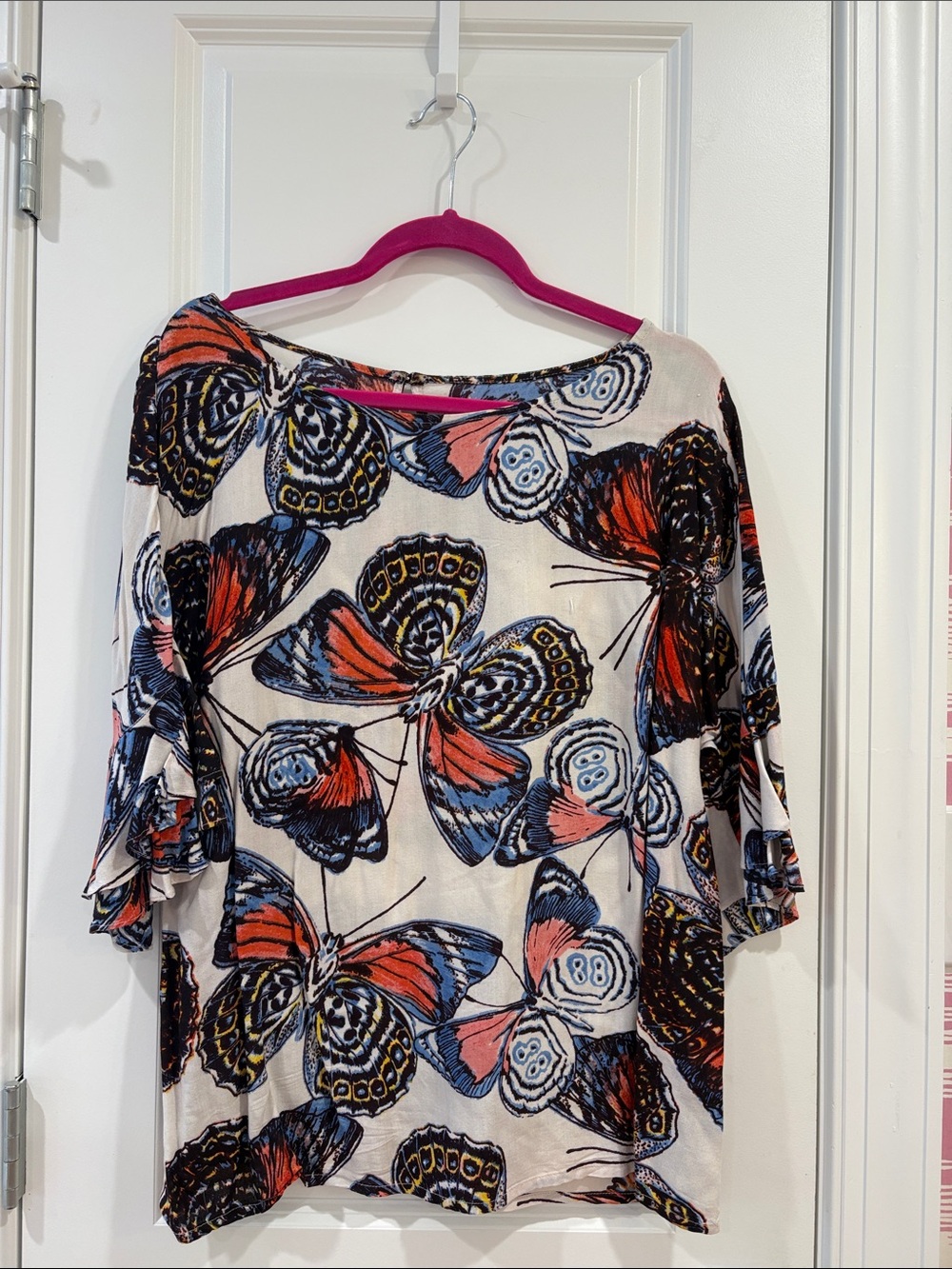 Cost Plus World Market Cream Butterfly Tunic with Orange & Blue Accents